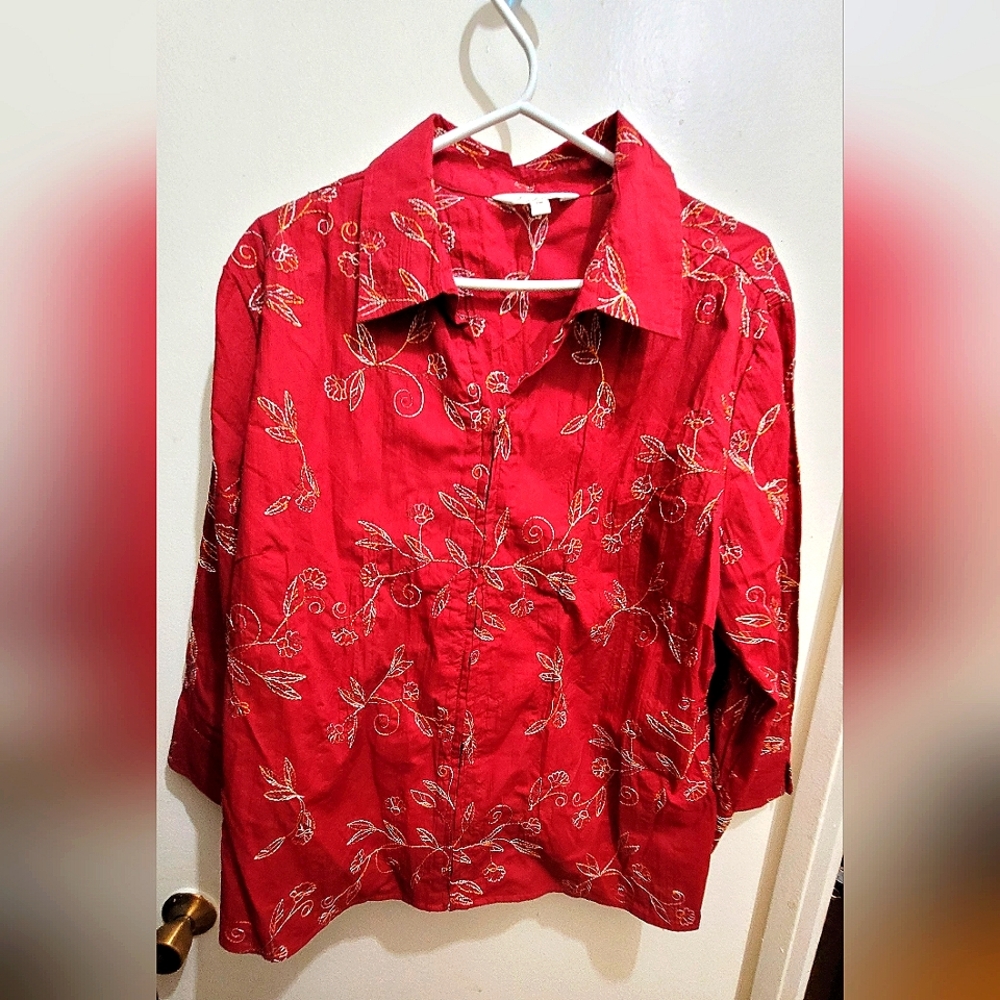 2/$22 Tradition Red embroidered 3/4 sleeve top size 18